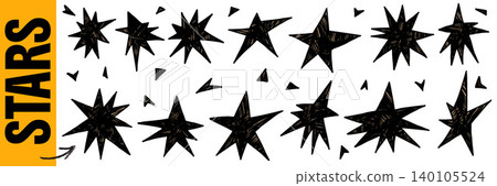 Spark and charcoal brush blinks and crayon sparks for magic sticker pack. Uneven spark star figures and charcoal scribble with hand drawn doodle symbols. Vector kid set isolated on white Spark and charcoal brush blinks and crayon sparks for magic sticker pack. Uneven spark star figures and charcoal scribble with hand drawn doodle symbols. Vector kid set isolated on white 140105524