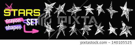Chalk star and pastel brush sparkle with white crayon doodle for kids sticker. Playful star figures and pastel scribble in hand drawn mood. Vector magic set isolated on black for promotion design 140105525