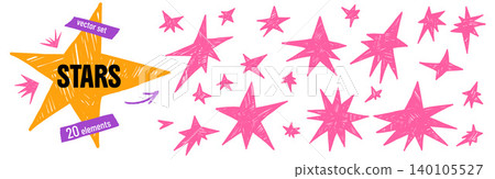 Crayon star and pastel brush twinkle with hand doodle for magic sticker pack. Pink crayon star figures and blink scribble in playful mood. Vector kid set isolated on white for back to school promotion Crayon star and pastel brush twinkle with hand doodle for magic sticker pack. Pink crayon star figures and blink scribble in playful mood. Vector kid set isolated on white for back to school promotion 140105527