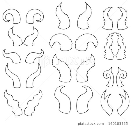 Vector set of black contour silhouette of devil and animal horns. Witchcraft collection of shadow of magical fantasy horns Vector set of black contour silhouette of devil and animal horns. Witchcraft collection of shadow of magical fantasy horns 140105535