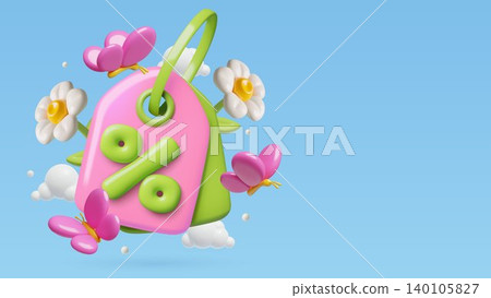 3d Price tag with flowers, butterflies and big percentage sign spring and summer sale background 140105827