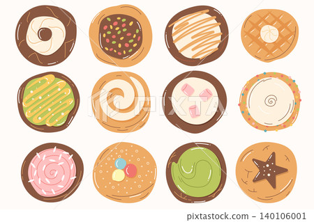 Biscuit collection with frosted cookies and playful dessert decorations Biscuit collection with frosted cookies and playful dessert decorations 140106001