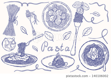 Pasta food collection with spaghetti, basil and forks in hand drawn style Pasta food collection with spaghetti, basil and forks in hand drawn style 140106002
