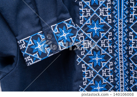 Ukrainian Vyshyvanka Men Embroidered Shirt Blue Geometric Ornaments Traditional shirt sleeve with embroidery, cuff with button Ukrainian Vyshyvanka Men Embroidered Shirt Blue Geometric Ornaments Traditional shirt sleeve with embroidery, cuff with button 140106008