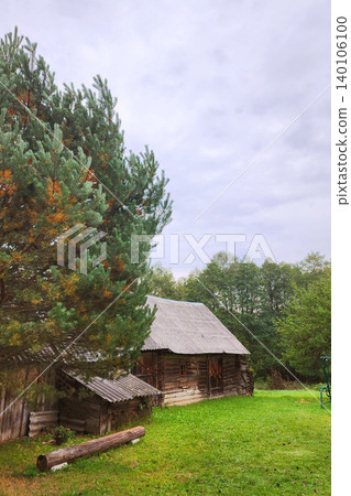 Weathered wooden shed with rustic bench and evergreen trees Weathered wooden shed with rustic bench and evergreen trees 140106100
