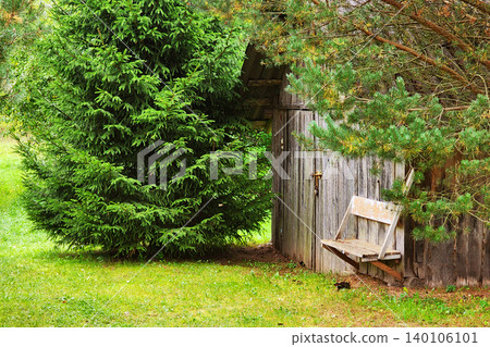 Weathered wooden shed with rustic bench and evergreen trees Weathered wooden shed with rustic bench and evergreen trees 140106101
