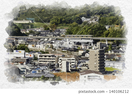 Watercolor style painting of Tomo Station on the Astram Line in Hiroshima, Hiroshima City, Hiroshima Prefecture. Watercolor style painting of Tomo Station on the Astram Line in Hiroshima, Hiroshima City, Hiroshima Prefecture. 140106212