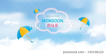 Poster template for Great Monsoon Sale design with colorful umbrellas flying in the clouds. 140106220