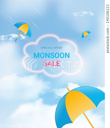 Poster template for Great Monsoon Sale design with colorful umbrellas and clouds. Vertical position. 140106221