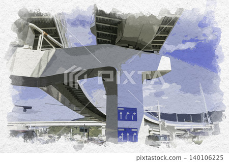 Watercolor style painting of the Masato Interchange on Hiroshima Expressway No. 1, Hiroshima City, Hiroshima Prefecture. Watercolor style painting of the Masato Interchange on Hiroshima Expressway No. 1, Hiroshima City, Hiroshima Prefecture. 140106225