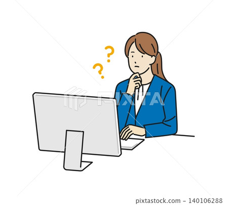 Illustration: A business person thinking in front of a computer. Illustration: A business person thinking in front of a computer. 140106288