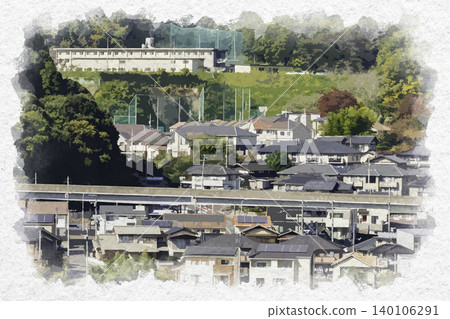 Watercolor style painting of the area around Numata-cho, Hiroshima City, Hiroshima Prefecture, near Koryo High School. Watercolor style painting of the area around Numata-cho, Hiroshima City, Hiroshima Prefecture, near Koryo High School. 140106291