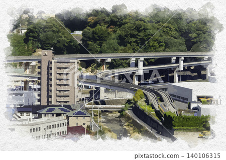 Watercolor style painting of the Astram Line train depot at Chōrakuji Temple in Hiroshima City, Hiroshima Prefecture. Watercolor style painting of the Astram Line train depot at Chōrakuji Temple in Hiroshima City, Hiroshima Prefecture. 140106315