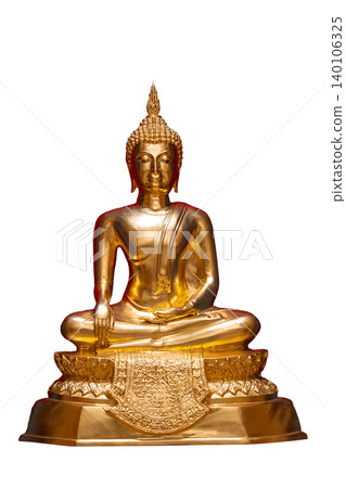 Buddha statue, brass isolate. A golden Buddha statue is centered on a isolated background Buddha statue, brass isolate. A golden Buddha statue is centered on a isolated background 140106325