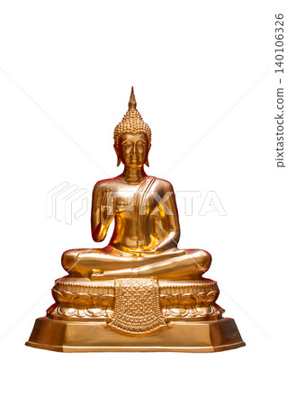 Buddha statue, brass isolate. A golden Buddha statue is centered on a isolated background Buddha statue, brass isolate. A golden Buddha statue is centered on a isolated background 140106326