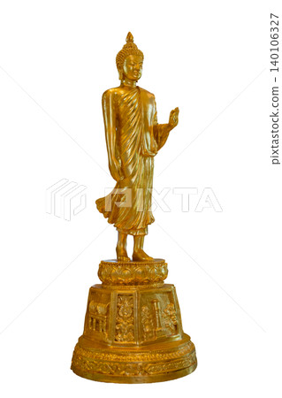 Buddha statue, brass isolate. A golden Buddha statue is centered on a isolated background Buddha statue, brass isolate. A golden Buddha statue is centered on a isolated background 140106327