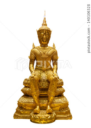 Buddha statue, brass isolate. A golden Buddha statue is centered on a isolated background 140106328