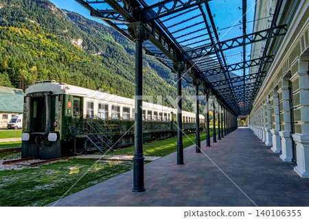 Old wagons in the old train station of Canfranc in the Pyrenees in Huesca, Spain close to the border with France. Old wagons in the old train station of Canfranc in the Pyrenees in Huesca, Spain close to the border with France. 140106355