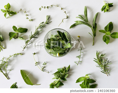 Fresh herbal tea brewed in a glass pitcher Fresh herbal tea brewed in a glass pitcher 140106360