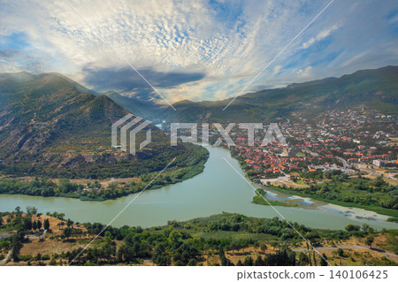 Georgia. Panoramic view of confluence of Kura Aragvi rivers Georgia. Panoramic view of confluence of Kura Aragvi rivers 140106425