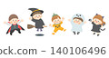 Children jumping around in Halloween costumes 140106496