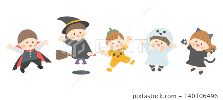 Children jumping around in Halloween costumes Children jumping around in Halloween costumes 140106496