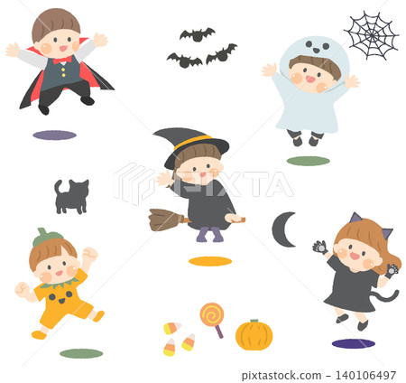 A set of illustrations featuring children in Halloween costumes and other materials. 140106497