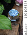 Blue hydrangeas floating in a glass bowl and the scenery of the rainy season. 140106528