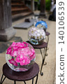 Blue hydrangeas floating in a glass bowl and the scenery of the rainy season. 140106539