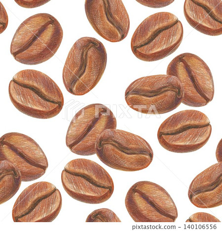 Hand drawn seamless pattern with coffee beans for graphic design. Colored pencil illustration on a white background. Coffee collection Hand drawn seamless pattern with coffee beans for graphic design. Colored pencil illustration on a white background. Coffee collection 140106556