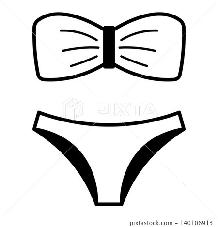 Bikini swimsuit set with bow top and bottom, minimalist black outline beachwear illustration, isolated summer swimwear icon for fashion and vacation design Bikini swimsuit set with bow top and bottom, minimalist black outline beachwear illustration, isolated summer swimwear icon for fashion and vacation design 140106913
