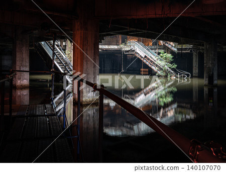 Swallowed by murky, mirror-like waters, the cavernous ruin in juxtaposes the skeletal decay of half-submerged escalators with a resilient burst of green life sprouting from the concrete. Swallowed by murky, mirror-like waters, the cavernous ruin in juxtaposes the skeletal decay of half-submerged escalators with a resilient burst of green life sprouting from the concrete. 140107070