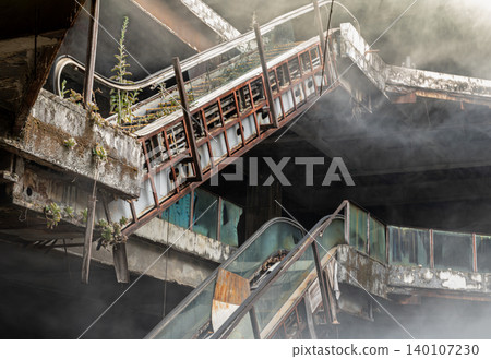 Enveloped in a ghostly haze, the skeletal, rust-eaten escalators rise through the brutalist ruins like monuments to a forgotten era, where the silence of human abandonment is gently broken by the Enveloped in a ghostly haze, the skeletal, rust-eaten escalators rise through the brutalist ruins like monuments to a forgotten era, where the silence of human abandonment is gently broken by the 140107230