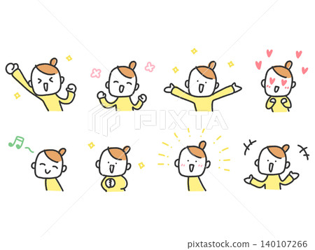A set of cute and relaxed hand-drawn expressions and reactions of women showing joy, happiness, emotion, and love. 140107266