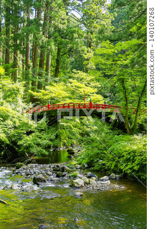 Mount Haguro: The sacred bridge and Haraigawa River in the fresh greenery Mount Haguro: The sacred bridge and Haraigawa River in the fresh greenery 140107268