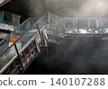 Skeletal, rust-eaten escalators rise like monuments to a forgotten era through a multi-tiered brutalist ruin, where a ghostly haze envelops the haunting desolation in profound silence. 140107288