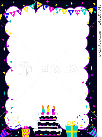 【向量圖】豎版生日相框,彩色蛋糕在黑色背景上格外醒目。包含添加文字的空間。 【向量圖】豎版生日相框,彩色蛋糕在黑色背景上格外醒目。包含添加文字的空間。 140107345