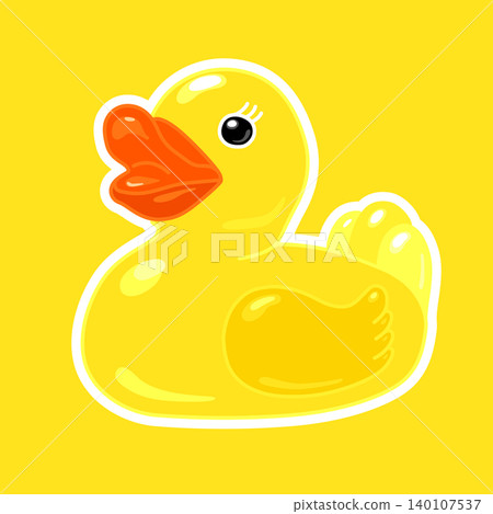 Classic yellow rubber duck with red beak. Cartoon character. Toy animal. Design element for logo, card, t-shirt print, invitation, accessories, stickers. Stock vector illustration 140107537