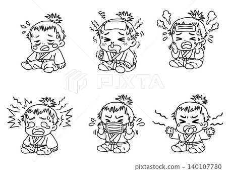 Illustration set of sick children (fever, cough, runny nose, wearing a mask, lethargic, crying) - Medical/childcare materials 140107780