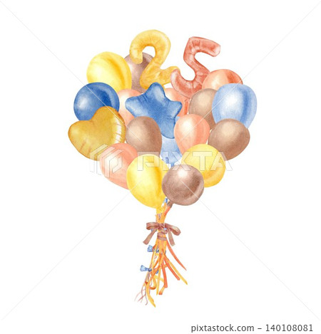 A bouquet of heart-shaped, star-shaped, yellow, orange, brown, and blue balloons, along with the number twenty five, hand-painted in watercolor on an isolated background. Clipart for a 25st birthday p 140108081