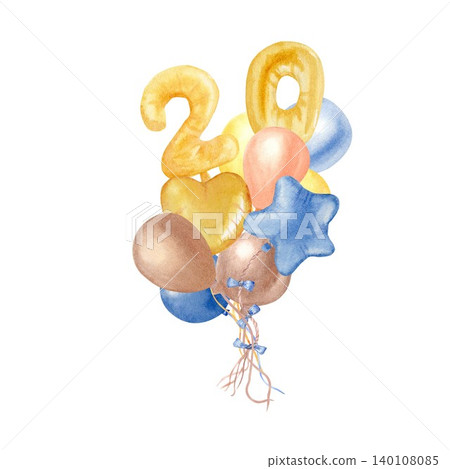 A bouquet of yellow, orange, brown, and blue heart-shaped balloons, stars, and the number twenty, hand-drawn in watercolor on an isolated background. Illustration for a 20th anniversary party 140108085
