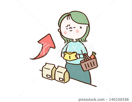 一位女士看著自己的錢包,對超市裡不斷上漲的商品價格感到憂慮(物價高企、通貨膨脹、省錢)。 一位女士看著自己的錢包,對超市裡不斷上漲的商品價格感到憂慮(物價高企、通貨膨脹、省錢)。 140108586