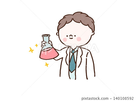 A male researcher in a white lab coat gazes at a flask containing liquid (development, invention, scientific experiment). A male researcher in a white lab coat gazes at a flask containing liquid (development, invention, scientific experiment). 140108592