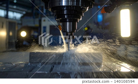 CNC milling machine processing on steel with cooling, coolant milk in the metal CNC milling machine processing on steel with cooling, coolant milk in the metal 140108594