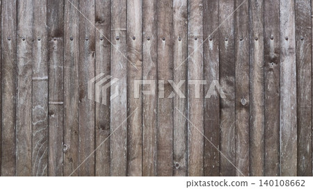 Dilapidated old textured rustic fence made of narrow wooden planks with nails in the structure, gray fence made of natural aged wood as a background texture in a rustic style, background of the plank  140108662