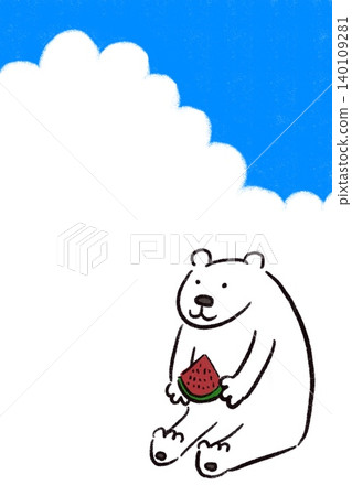 An illustration of a polar bear carrying a watermelon to deliver a summer greeting card. An illustration of a polar bear carrying a watermelon to deliver a summer greeting card. 140109281