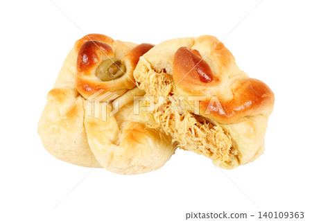 Traditional closed esfihas filled with shredded chicken, one cut in half to show the filling a typical gourmet baked savory pastry from the Arab world, isolated on a white background. Traditional closed esfihas filled with shredded chicken, one cut in half to show the filling a typical gourmet baked savory pastry from the Arab world, isolated on a white background. 140109363