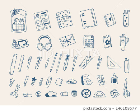 Hand drawn school supplies doodle set. education stationery and study essentials collection Hand drawn school supplies doodle set. education stationery and study essentials collection 140109577