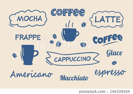 Cute coffee lettering doodle set with hand drawn typography and cups Cute coffee lettering doodle set with hand drawn typography and cups 140109584