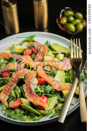 Salad with salted salmon and arugula Salad with salted salmon and arugula 140109599
